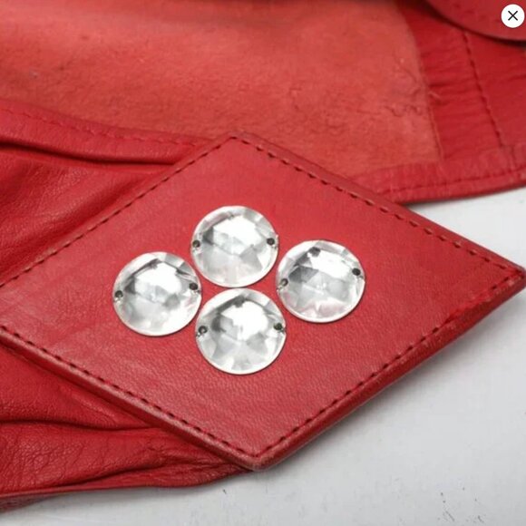 Vintage 80s Wide Red Leather Wrap Belt High Waist Corset Cinch Statement Gems - Picture 7 of 16